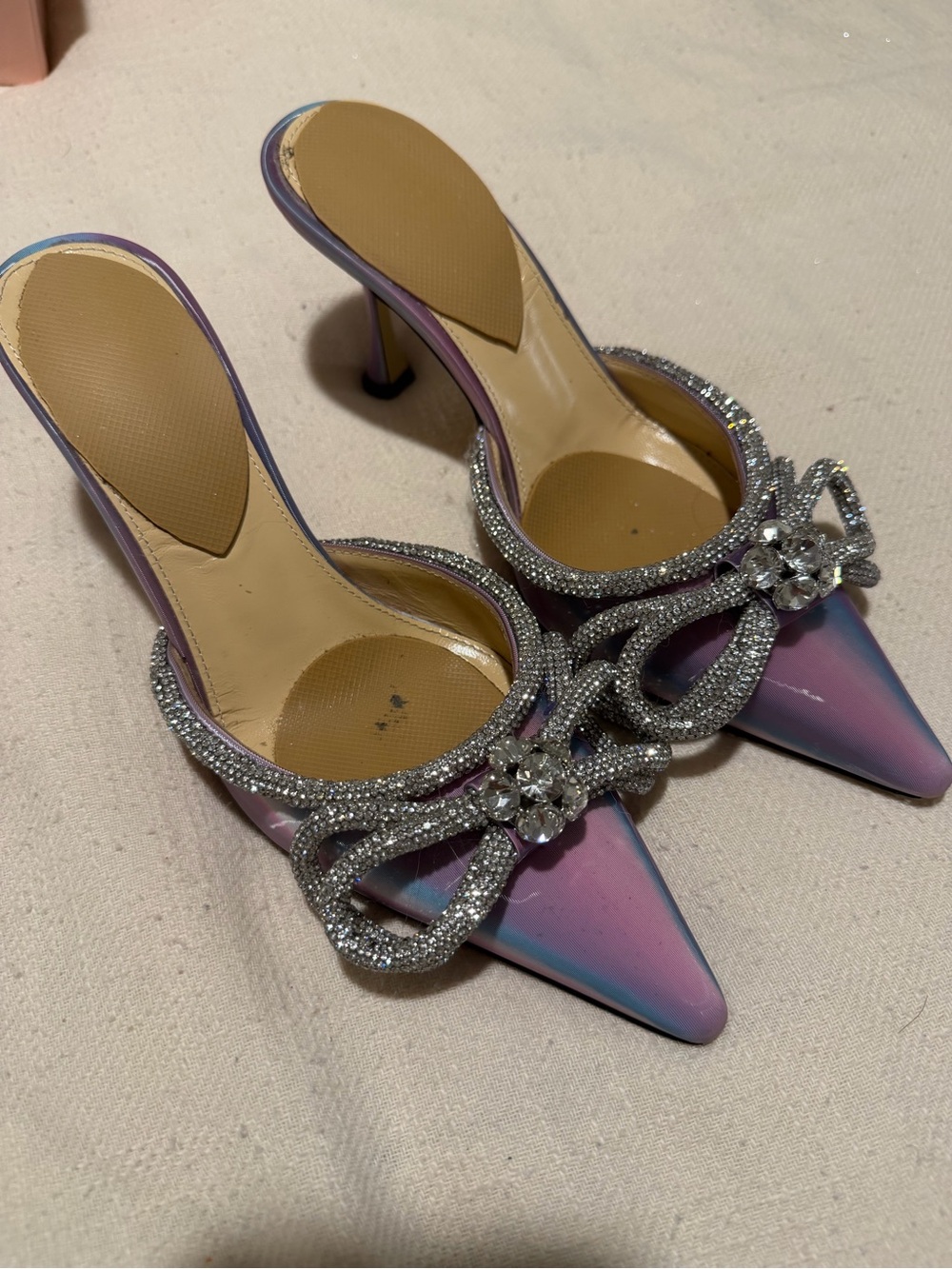 MACH & MACH Iridescent Pink-Lavender Pointed Crystal Bow Mule Heels